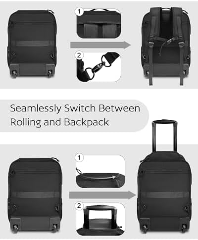 Rolling Tactical Laptop Backpack, 17 Inch Wheeled Military Computer Backpack for Men and Women, Roller Carry on Luggage for Work Travel, Overnight Molle Outdoor Hiking Bag with Wheels, Black - Image 9