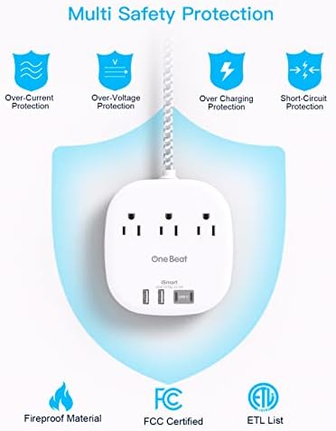 One Beat Flat Plug Power Strip, 5ft Flat Extension Cord, 3 Outlets 4 USB Ports (2 USB C) 22.5W/4.5A Desktop Charging Station Cruise Ship Power Strip No Surge Protection, Dorm Room Travel Essentials - Image 7