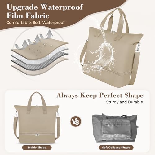 Duffel Bag for Women Men,Carry-On Weekender Overnight Bag with Shoe Compartment for Travel,Personal Item Gym Sports (Khaki) - Image 4