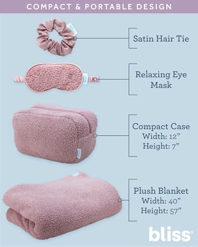 Bliss Womens Travel Blanket Set - 4 Piece Plush Microfiber Packable Travel Blanket with Relaxing Sleep Mask, Carry On Case, and Satin Hair Tie, Pink Gaze - Image 3