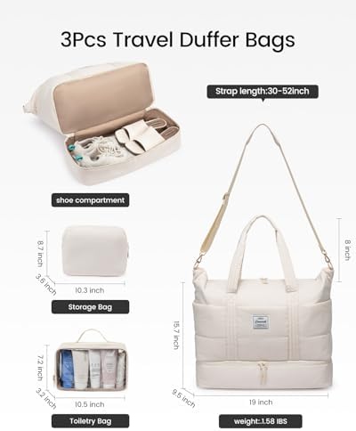 LOVEVOOK Travel Duffle Bag for Women, 3Pcs Puffer Large Weekender Overnight Bag with Shoe Compartment, Water Resistant Gym Duffel Bag, Carry on Bag for Hospital Delivery with Toiletry Organizer - Image 4