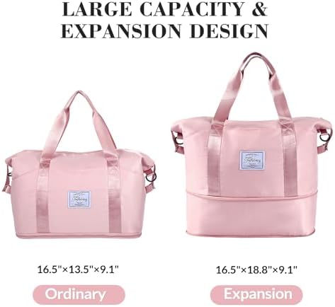 Travel Duffel Bag - Large Shoulder Weekender Overnight Bag, Carry on Bags with Wet Pocket, Waterproof Expandable Duffel Bags with Trolley Sleeve for Sports Travel Gym, Pink - Image 3