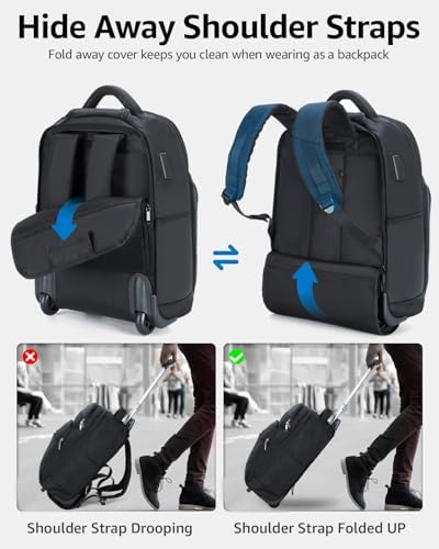 Rolling Backpack, 30L Travel Laptop Backpack with Wheels, 15.6 Inch Roller Carry on Luggage with USB Charging Port, Flight Approved Personal Item Wheeled Suitcase for Men Women Adults, Black - Image 6