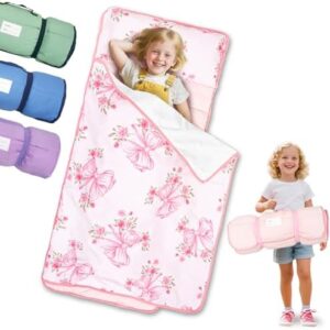 Primlect Toddler Nap Mat with Removable Pillow and Soft Blanket, Portable Sleeping Bag with Roll up Design, Washable, Light, Perfect for Daycare, Preschool, Kindergarten, Travel, Boys and Girls