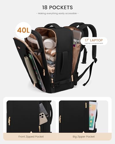 LOVEVOOK Travel Backpack For Women with Waist Strap, 40L Carry On Backpack Luggage Flight Approved,TSA Personal ltem Travel Bag Essentials Fits 17.3 Inch Laptop,Weekender Daypack with 3 Packing Cubes - Image 5