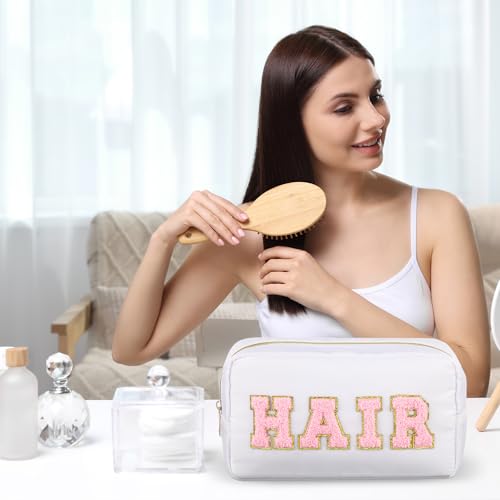 Remerry 4 Pcs Travel Toiletry Bags for Women Nylon Makeup Bag Organizer Cosmetic Chenille Letter Pouch Zipper Preppy Waterproof Hair Pouch Christmas Gift (Light Brown, Beige, Light Pink, White) - Image 5