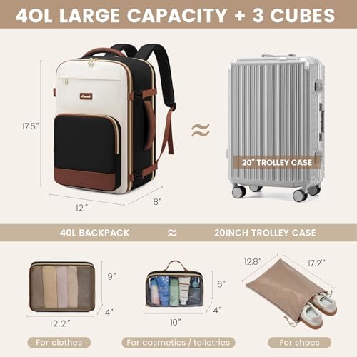 LOVEVOOK Travel Backpack for Women,40L Carry On Backpack Flight Approved,TSA Personal Item Travel Bag Fits 17.3" Laptop with 3 Packing Cubes,Large Waterproof Daypack,Beige and black and brown - Image 4