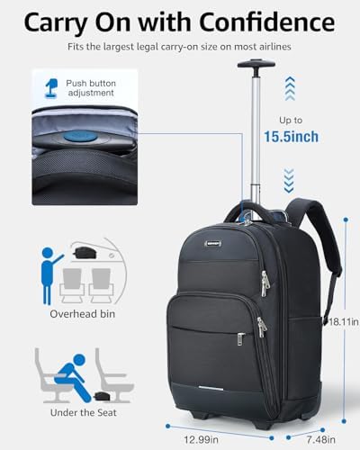 Rolling Backpack, 30L Travel Laptop Backpack with Wheels, 15.6 Inch Roller Carry on Luggage with USB Charging Port, Flight Approved Personal Item Wheeled Suitcase for Men Women Adults, Black - Image 3