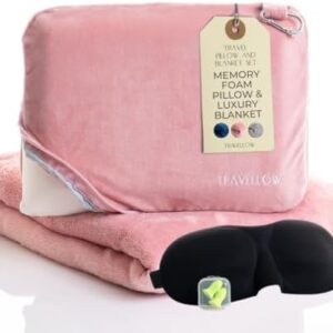 Travel Pillow and Blanket Set - 4-in-1 Ultimate Travel Kit with Memory Foam Pillow, Travel Blanket, Sleep Mask, and Earplugs-Ultimate Comfort and Coziness for Your Journeys - Pink