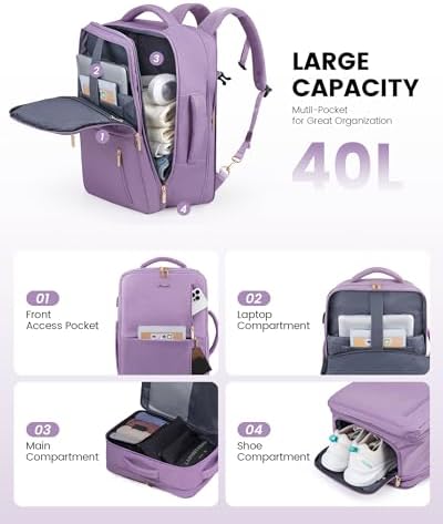 LOVEVOOK 40L Travel Backpack With 3 Packing Cubes Expandable Large Laptop Backpack Women Waterproof Backpack Waterproof Daypack Travel Bag TSA Fit 17inch Laptop Luggage With USB Charging Port - Image 3
