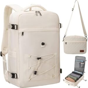40L Waterproof Travel Backpack for Men & Women, Airline Approved Carry on Laptop Backpack, 17.3 Inch, with Detachable Crossbody Bag,Beige