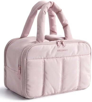 BAGSMART Travel Toiletry Bag, Puffy Large Toiletry Bag for Women, Lightweight Cosmetic Makeup Bag Organizer with Handle for Traveling, Accessories, Essentials, Toiletries (Pink)