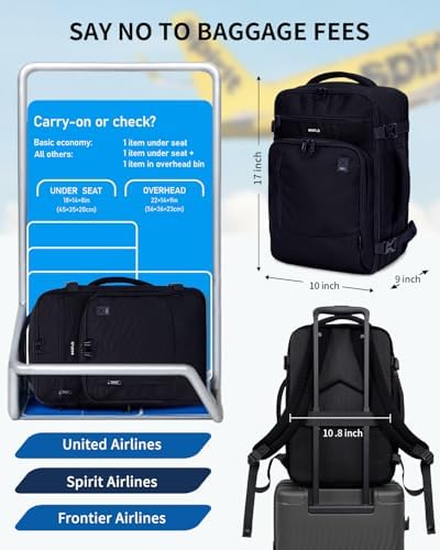 ECOHUB 17" Small Travel Backpack, United Airlines Personal Item Bag 17x10x9 with 16 Pockets, Water Resistant Rucksacks Fit 15.6" Laptop, AirTag Pocket, Lightweight Casual Daypack, 25L, Black - Image 2