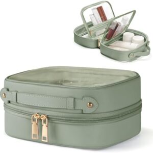 Clear Cosmetic Bag Double Layer 4 Compartments Travel Toiletry Bag Clear Makeup Bag Case with Zipper Transparent Travel Bag for Toiletries, TSA Approved, Gift for Women Girls (Sage Green)
