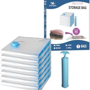 7 Pack Small Space Saver Vacuum Storage Bags for Clothing Travel, Vacuum Seal Compression Bags for Clothes, Packing, Luggage, Blankets, Comforters and Pillows, Hand Pump Included