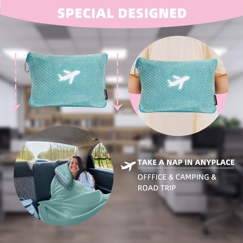 3 in 1 Travel Blanket Pillow Set - 350 GSM Thick Travel Blanket Airplane Compact with Bag, Soft Bag with a Pocket, Inflatable Travel Pillow for Camping & Car Trip(Mint Green) - Image 5
