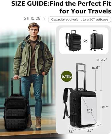 Rolling Tactical Laptop Backpack, 17 Inch Wheeled Military Computer Backpack for Men and Women, Roller Carry on Luggage for Work Travel, Overnight Molle Outdoor Hiking Bag with Wheels, Black - Image 7