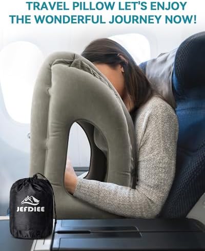 JefDiee Inflatable Travel Pillow, Airplane Neck Pillow Comfortably Supports Head and Chin for Airplanes, Trains, Cars Office Napping on The Tray Table (Grey) - Image 8