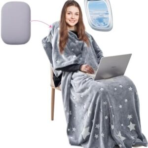Travel Blanket with Tavel Pillow, 2 in 1 Wearable Airplane Blanket, Packable Travel Blanket and Pillow Set for Flight, Car, Camping, Gift, 70.8*51.9 inch