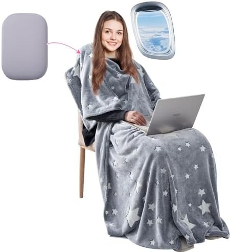 Travel Blanket with Tavel Pillow, 2 in 1 Wearable Airplane Blanket, Packable Travel Blanket and Pillow Set for Flight, Car, Camping, Gift, 70.8*51.9 inch