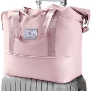 Travel Duffel Bag - Large Shoulder Weekender Overnight Bag, Carry on Bags with Wet Pocket, Waterproof Expandable Duffel Bags with Trolley Sleeve for Sports Travel Gym, Pink