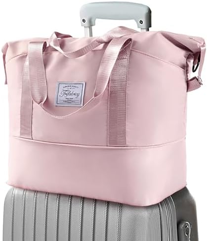 Travel Duffel Bag - Large Shoulder Weekender Overnight Bag, Carry on Bags with Wet Pocket, Waterproof Expandable Duffel Bags with Trolley Sleeve for Sports Travel Gym, Pink