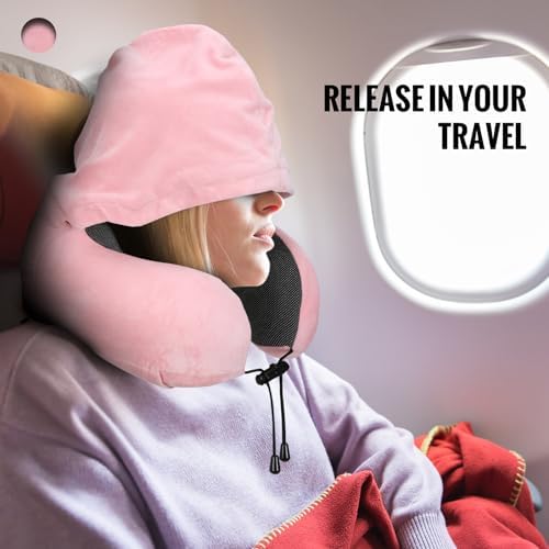 Travel Pillow, Neck Pillow for Travel with Hood for Airplane, Velvet Memory Foam Neck Pillow Women Lady Head & Neck Support, for Long Flights Plane, Office, Cars Sleeping & Rest (Pink) - Image 7