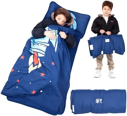 Nap mat - Toddler Nap Mat with Pillow & Fleece Blanket- 21" x 50" -Lightweight Toddler Sleeping Bag for Preschool, Daycare, Travel, Camping Ages 2-7 Years