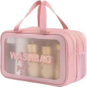 Travel Toiletry Bag Waterproof & Portable Organizer for Makeup and Accessories Large Capacity with Handle Double-Layer Design for Dry & Wet Separation Ideal for Men & Women (Pink)