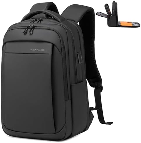 FENRUIEN Expandable Travel Backpack for Men, Water Resistant Computer Backpack with USB Charging Port,Black Laptop Bag 15.6 Inch