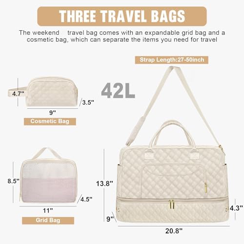 3 Pack Travel Duffle Bag, Weekend Bags for Women with Shoe Compartment, Large Toiletry Personal Item Travel Carry on Bags with Wet Pocket, Gym Overnight Hospital Bag for Delivery Business Beige - Image 2