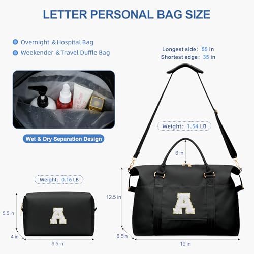 Initial Girls Travel Duffel Bag, Weekender Bags for Women, Kids Overnight Gym Carry On Tote Bag with Makeup Bag, Personalized Teen Girls Gift Trendy Stuff(Black,A) - Image 6