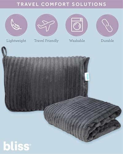 Bliss Faille Travel Pillow Blanket - 2-in-1 Lightweight Compact Airplane Camp Pillow and Blanket Set for Travelling, Size Large, Dark Grey - Image 2