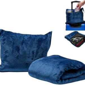 TAKE OFF All-in-One Travel Blanket and Pillow - Super Soft Microfiber Fabric, 3 Day Clothing Storage with Secure Zipper Pockets Keep Valuables Safe, Hand Free Trolley Holder, Ultimate Travel Accessory