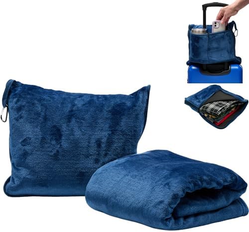 TAKE OFF All-in-One Travel Blanket and Pillow - Super Soft Microfiber Fabric, 3 Day Clothing Storage with Secure Zipper Pockets Keep Valuables Safe, Hand Free Trolley Holder, Ultimate Travel Accessory