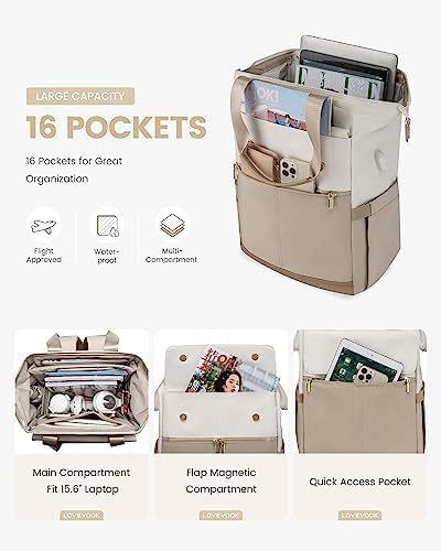LOVEVOOK Laptop Backpack for Women, 15.6 Inch Work Laptop Bag with USB Port, Fashion Teacher Nurse Backpack Purse, Waterproof Travel Computer Backpack with Organizer Bag, 2PCS, Beige-Khaki - Image 2