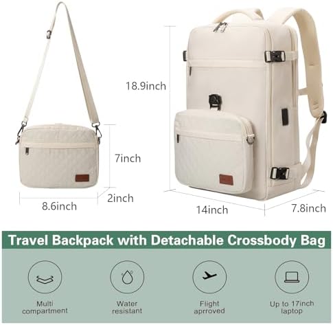 40L Waterproof Travel Backpack for Men & Women, Airline Approved Carry on Laptop Backpack, 17.3 Inch, with Detachable Crossbody Bag,Beige - Image 3