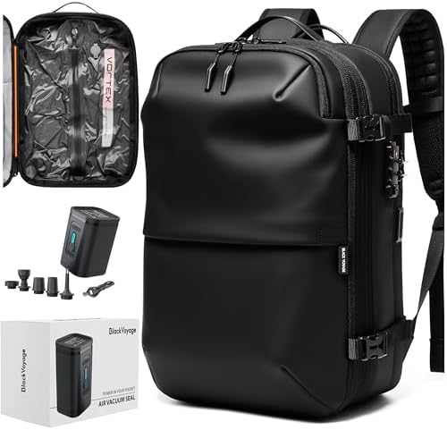 Vortex Vacuum Seal Travel Backpack 60L Exapandable Air Compression System Water Resistant TSA Lock Carry-On Suitcase Luggage Black AERO - Vacuum Pump Included