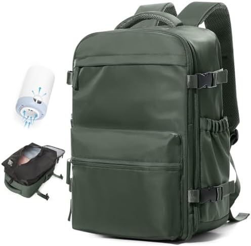 Small Vacuum Travel Backpack with Pump for Women,Airback Personal Item Carry on Backpacks Flight Approved 18x14x8 inches for Men,Laptop Waterproof Work Compression bags Casual Daypack,BrownGreen