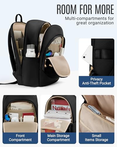 LIGHT FLIGHT Travel Backpack for Women, 15.6 Inch Laptop Backpack with USB Charging Hole, Water Resistant College Bookbag, Large Capacity Black Computer Backpacks for Work, Black - Image 2