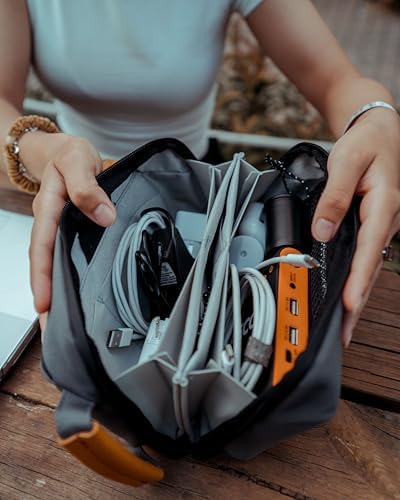 Tech Bag Organizer - Small Electronics Organizer Pouch for Travel - Premium Travel Case with Leather Accents - Mesh Pocket for Cables, Cords and Chargers (Black) - Image 6