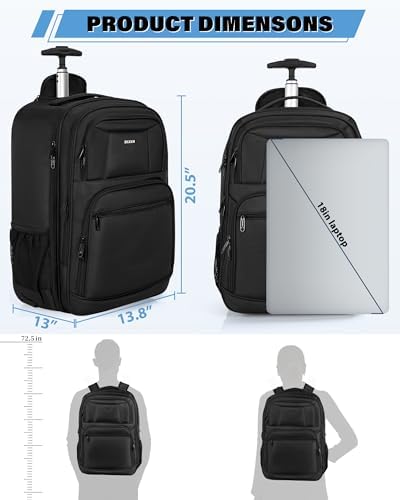Rolling Business Backpack Fits Up to 18 Inch Laptop Trolley Bag Waterproof Wheeled Travel Bag Black - Image 2
