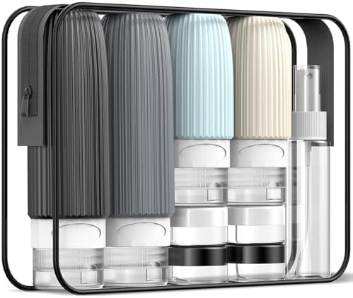 Travel Size Toiletries (18 Pack), TSA Approved Silicone Containers jar Kit, Airplane Essentials Toiletry Bottles Bag, Leak Proof Refillable Accessories for Conditioner, Shampoo, Lotion & Body Wash