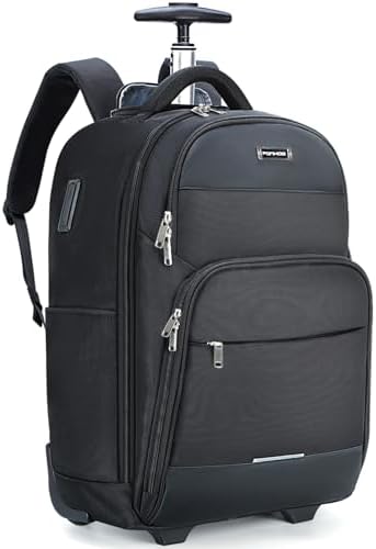 Rolling Backpack, 30L Travel Laptop Backpack with Wheels, 15.6 Inch Roller Carry on Luggage with USB Charging Port, Flight Approved Personal Item Wheeled Suitcase for Men Women Adults, Black