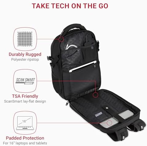 SwissGear Travel Tech Elite Laptop Backpack – Fits Laptops up to 16” – ScanSmart TSA-Friendly Backpack with USB Port, Shoe Compartment & Organizer Pockets – Black - Image 2