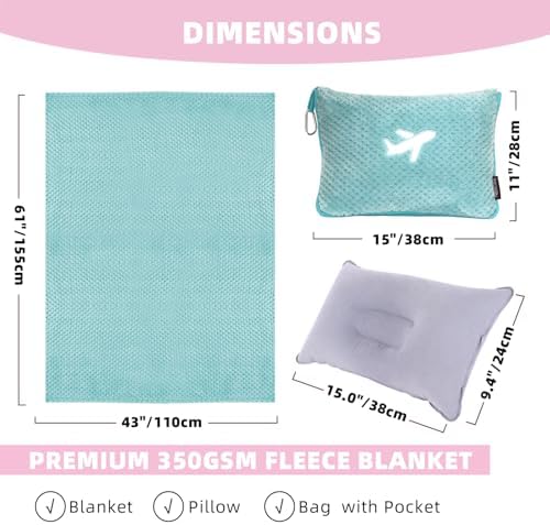 3 in 1 Travel Blanket Pillow Set - 350 GSM Thick Travel Blanket Airplane Compact with Bag, Soft Bag with a Pocket, Inflatable Travel Pillow for Camping & Car Trip(Mint Green) - Image 6