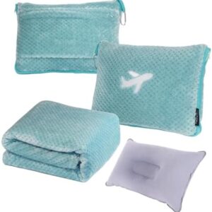 3 in 1 Travel Blanket Pillow Set - 350 GSM Thick Travel Blanket Airplane Compact with Bag, Soft Bag with a Pocket, Inflatable Travel Pillow for Camping & Car Trip(Mint Green)