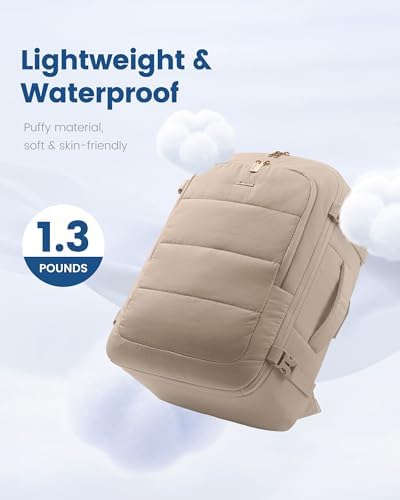 LOVEVOOK Travel Backpack for Women Men, 40L Lightweight Puffy Flight Approved Carry On Backpack Fits 17'' Laptop, TSA Personal Item Travel Bag, Waterproof Weekender Trip Work Luggage Daypack, Khaki - Image 3