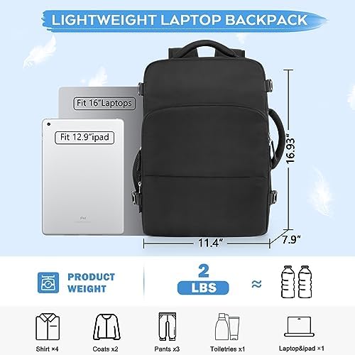 Large Travel Backpack, Carry On Backpack, Personal Item Bag Airline Approved, Lightweight Hiking Backpack, Casual Weekender bag, Laptop Backpack, Black - Image 3