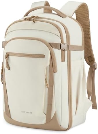 BAGSMART Travel Backpack for Men Women, Carry On Backpack Flight Approved TSA Friendly with USB Charging Hole Lightweight Weekender Bag Casual Daypack 17.3 Inch Laptop Business Work Backpack, Beige